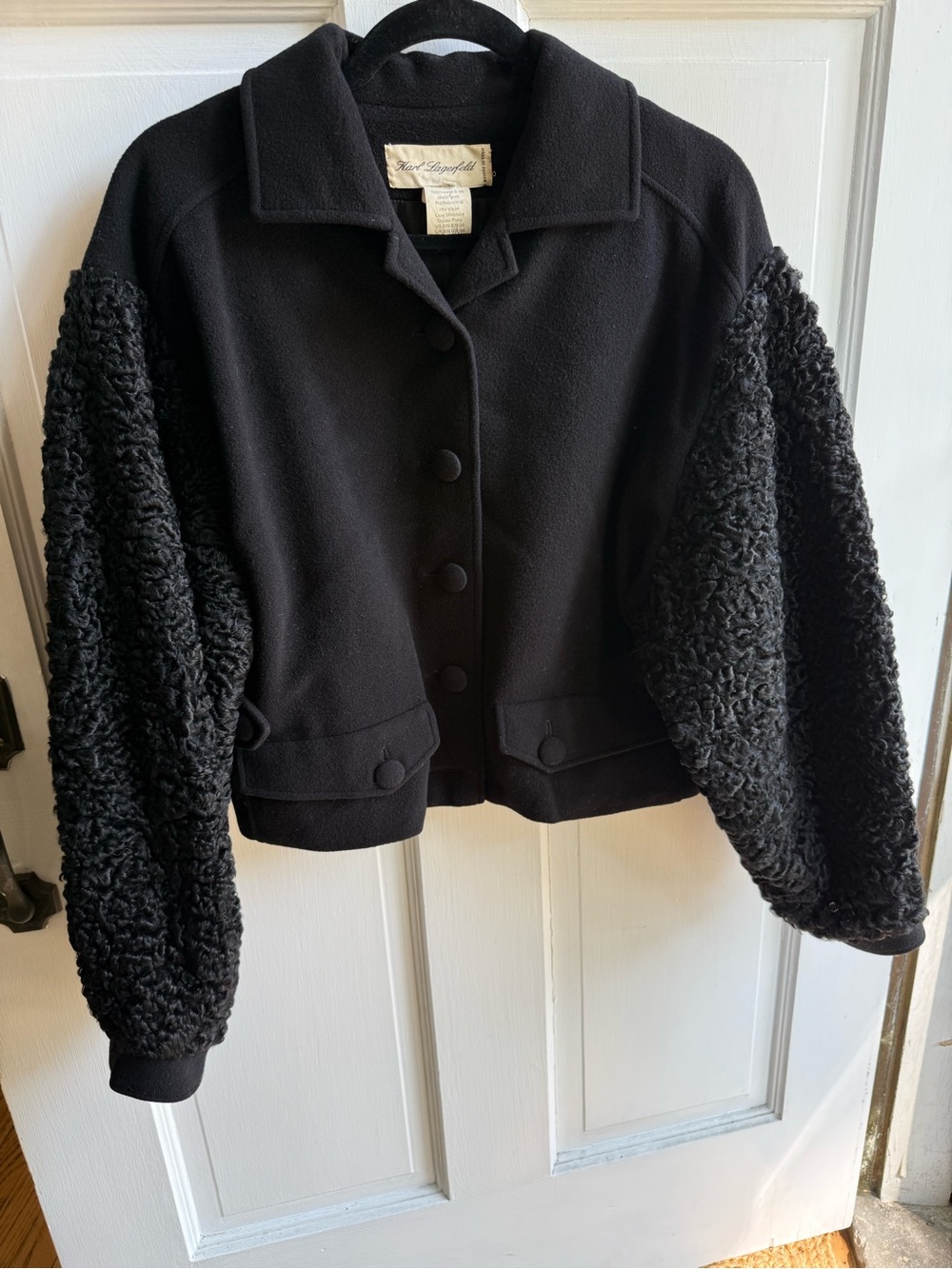 Vintage Designer Karl Lagerfeld Black Cropped Teddy Sleeve Jacket Button Details - Picture 8 of 8